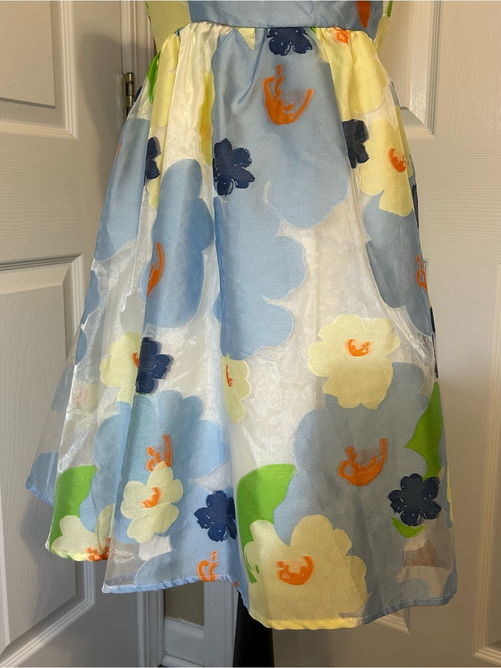 Entro Floral Organza Mini Dress Blue Yellow Tie Back Watercolor Boutique Sz L - Picture 10 of 12